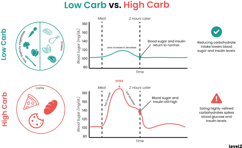 graphic showing how a plate of low carb foods keeps glucose lower
