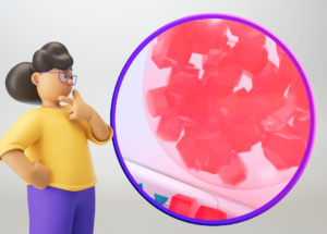 Woman looks at giant cell filled with glucose